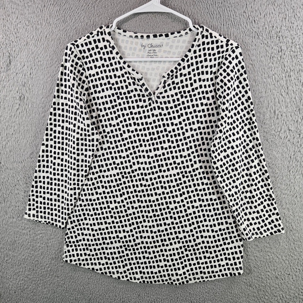Chicos Womens Size 1 M White Black Geometric Square Print Cotton Long Sleeve Top